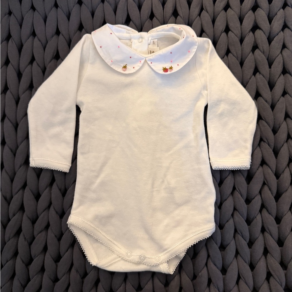White Baby 100% Cotton Onesie with Strawberry Embroidered Collar